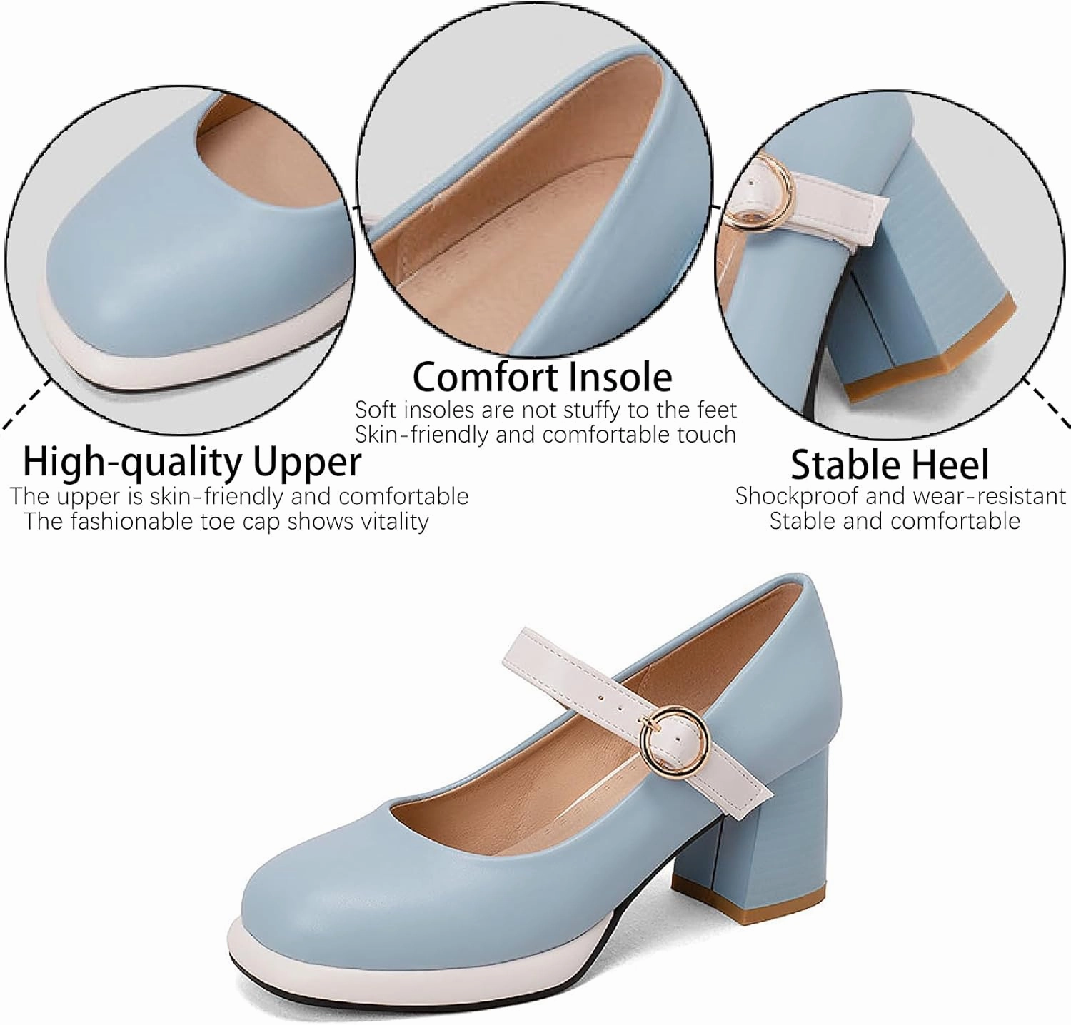 Women's Leather Platform Mary Janes Pumps with Adjust Buckle Strap Retro Comfortable Round Toe Stack Chunky Heels Dress Shoes for Party Prom Date Uniform Shoes