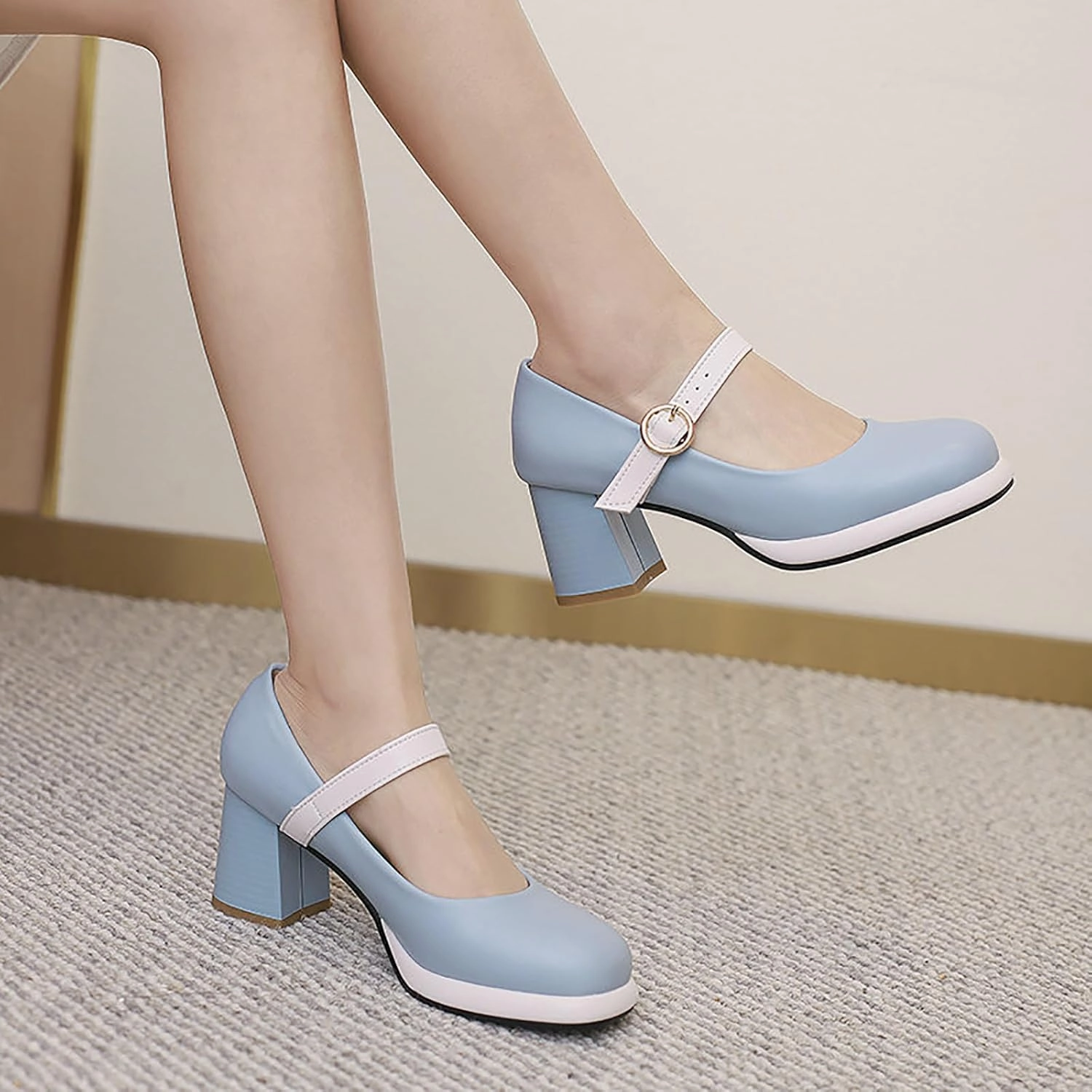 Women's Leather Platform Mary Janes Pumps with Adjust Buckle Strap Retro Comfortable Round Toe Stack Chunky Heels Dress Shoes for Party Prom Date Uniform Shoes