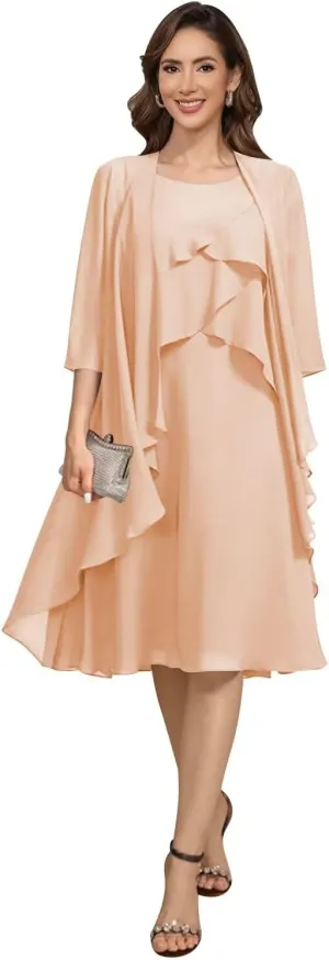 Women's 2 Piece Mother of The Bride Dresses 2025 Tiered Chiffon Formal Evening Dresses TM49