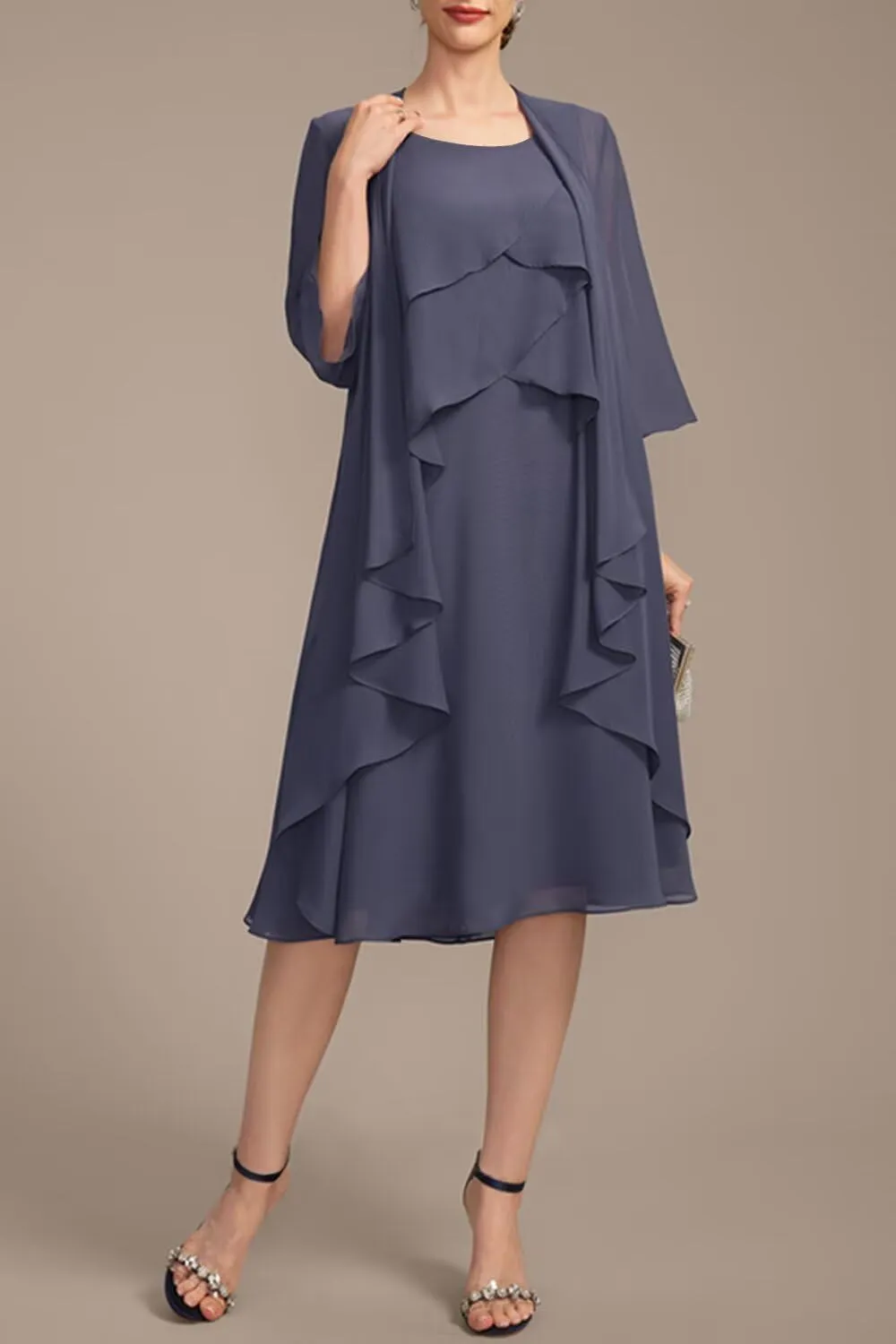 Women's 2 Piece Mother of The Bride Dresses 2025 Tiered Chiffon Formal Evening Dresses TM49