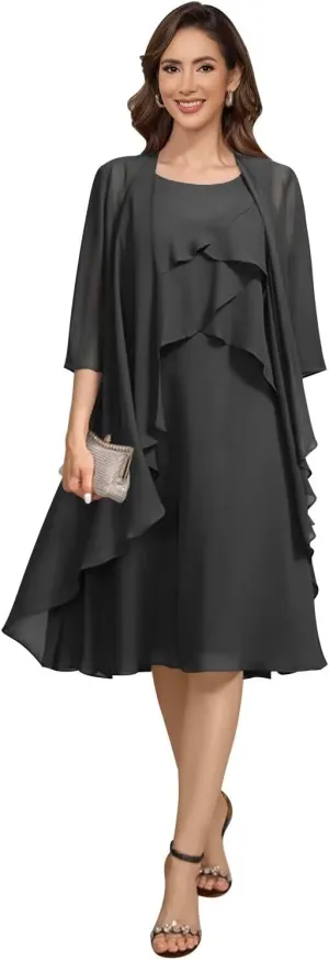 Women's 2 Piece Mother of The Bride Dresses 2025 Tiered Chiffon Formal Evening Dresses TM49