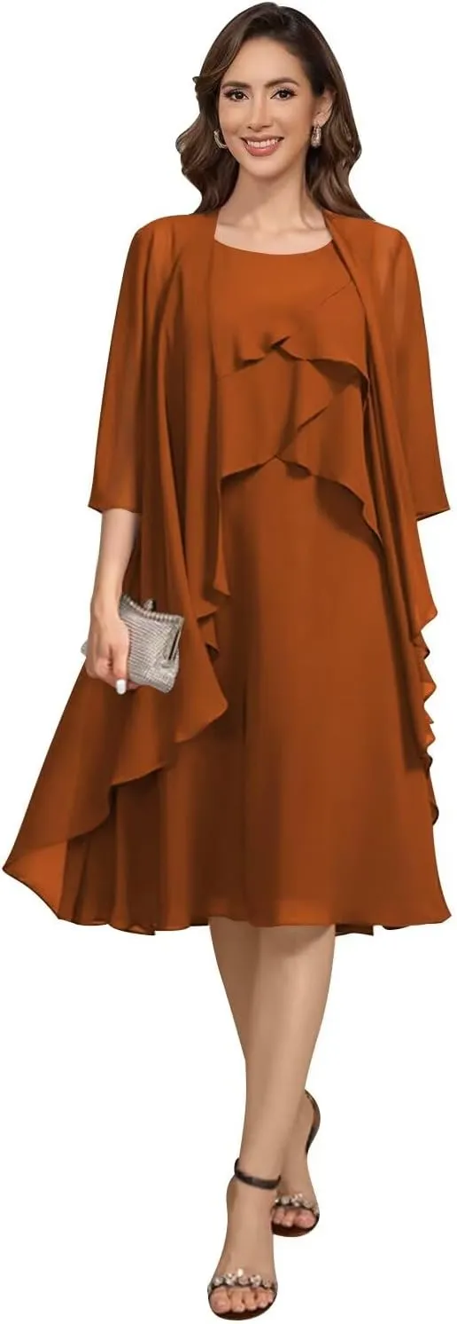 Women's 2 Piece Mother of The Bride Dresses 2025 Tiered Chiffon Formal Evening Dresses TM49