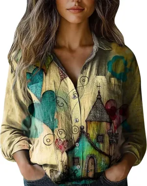 Womens Button V Neck Long Sleeve Shirts Oversized Blouses Tops Cotton Classic Collared Casual Lightweight Blouses