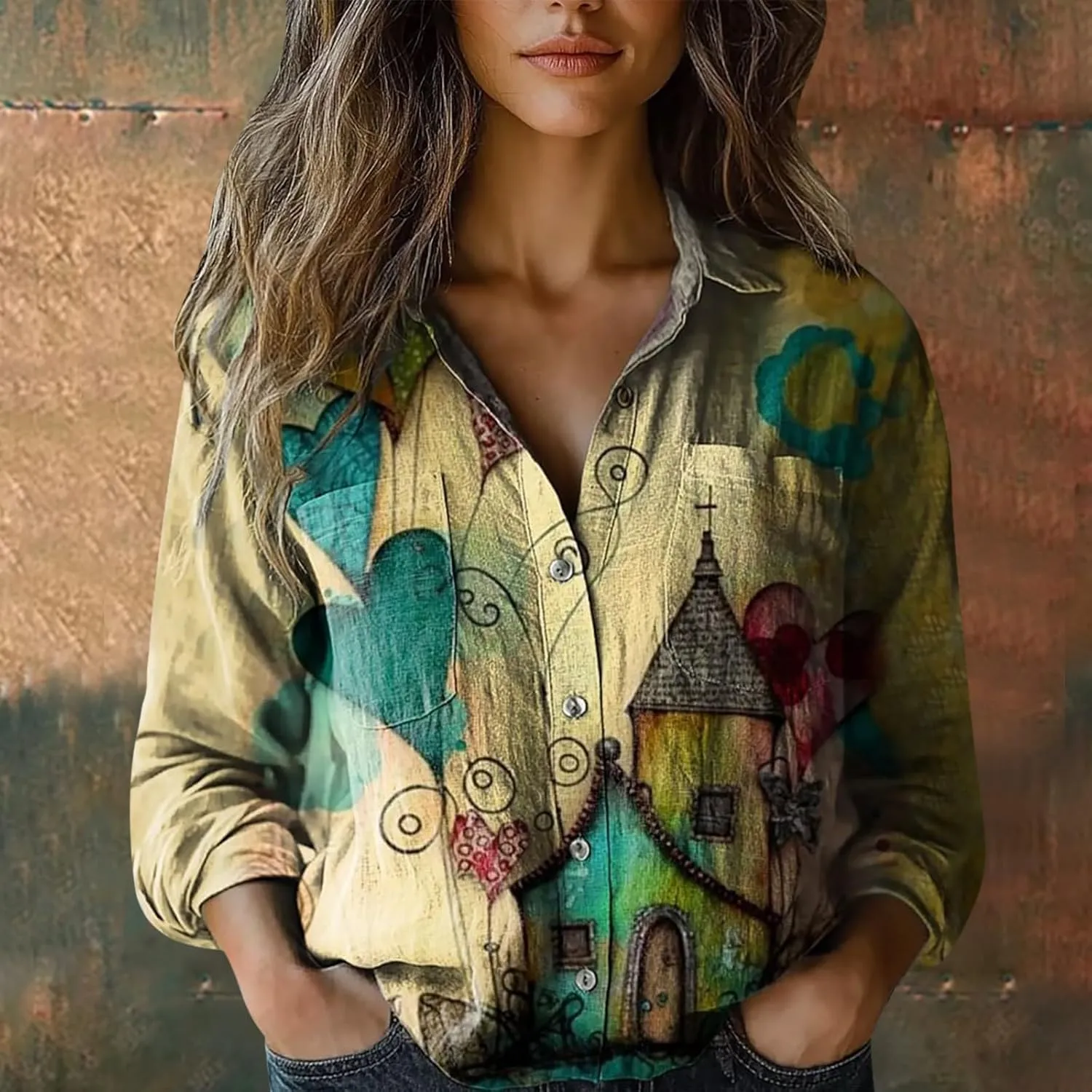 Womens Button V Neck Long Sleeve Shirts Oversized Blouses Tops Cotton Classic Collared Casual Lightweight Blouses