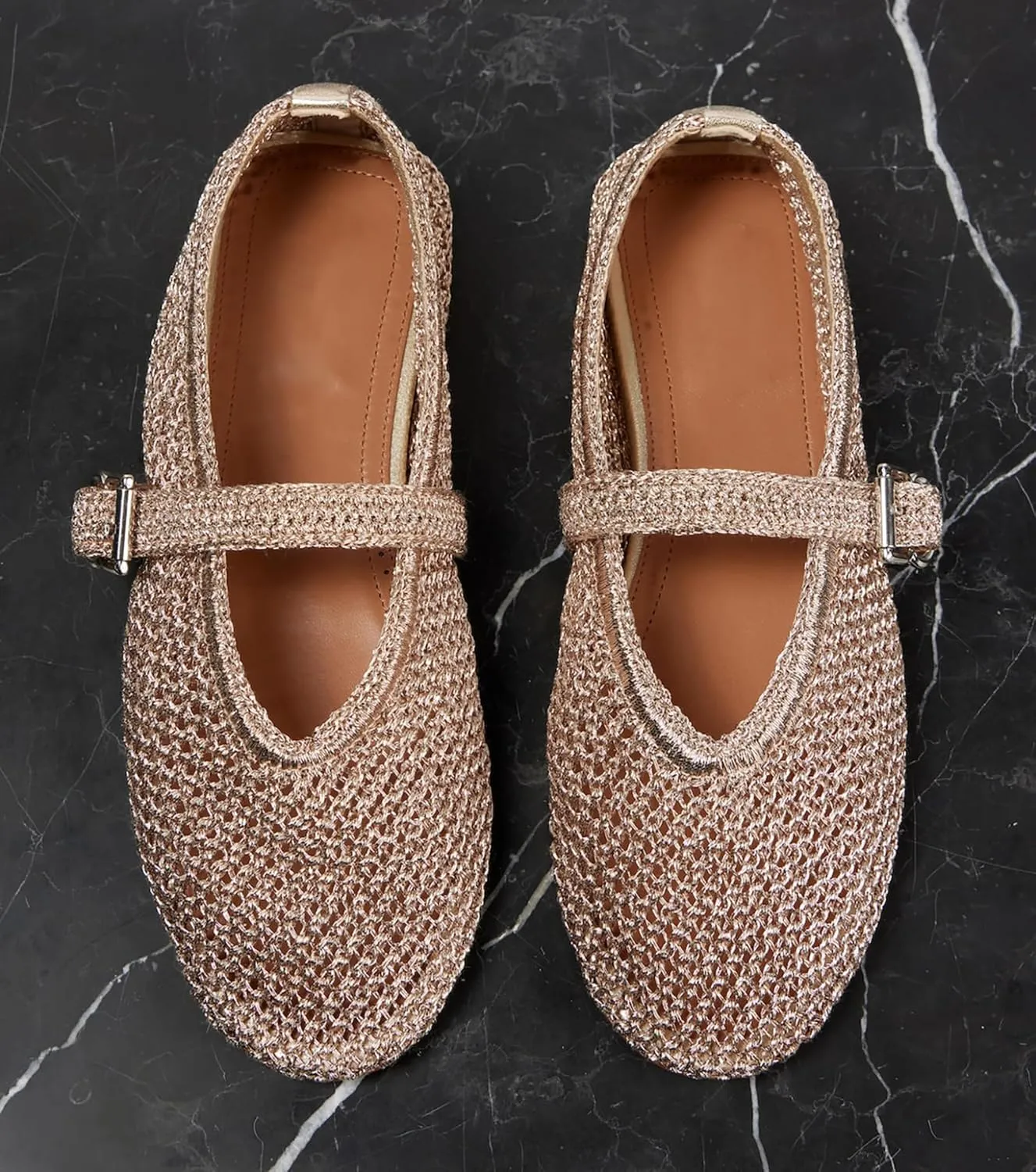 Women's Mesh Ballet Flats Round Toe Buckle Mary Jane Shoes Breathable Fishnet Comfortable Casual Shoes
