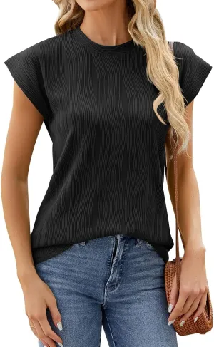 Womens Short Sleeve Textured Tops Trendy Summer Casual Cap Sleeve Solid Color T Shirts Crew Neck Basic Blouses S-2XL