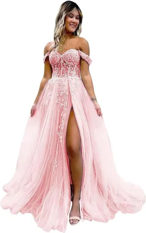Women's Tulle Prom Dresses Lace Appliques Long Ball Gowns Strapless High Split Evening Dresses 2025