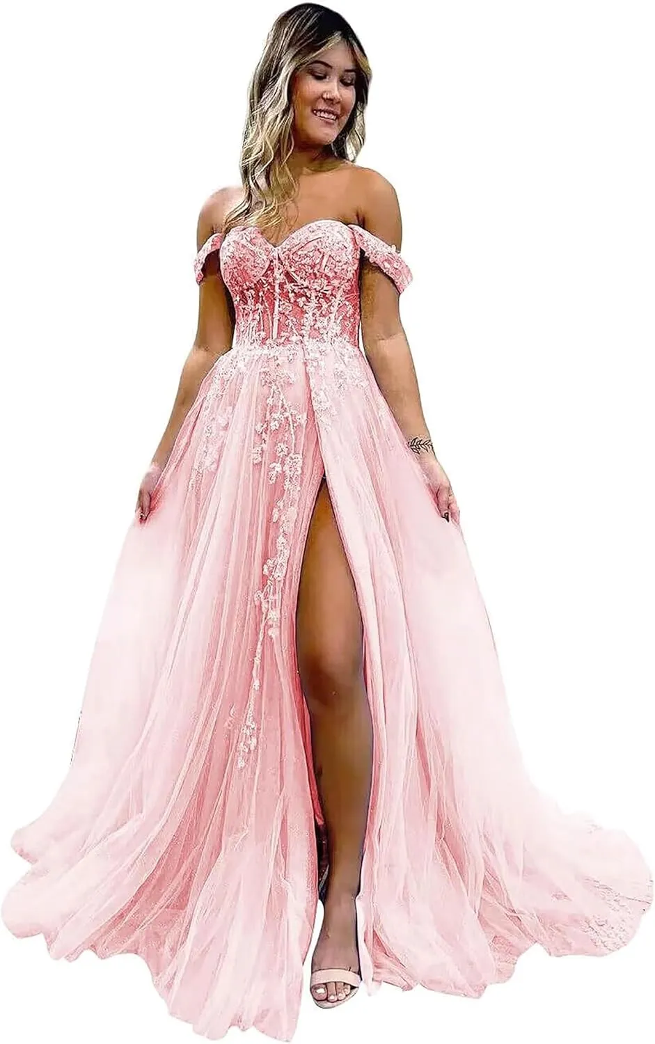 Women's Tulle Prom Dresses Lace Appliques Long Ball Gowns Strapless High Split Evening Dresses 2025