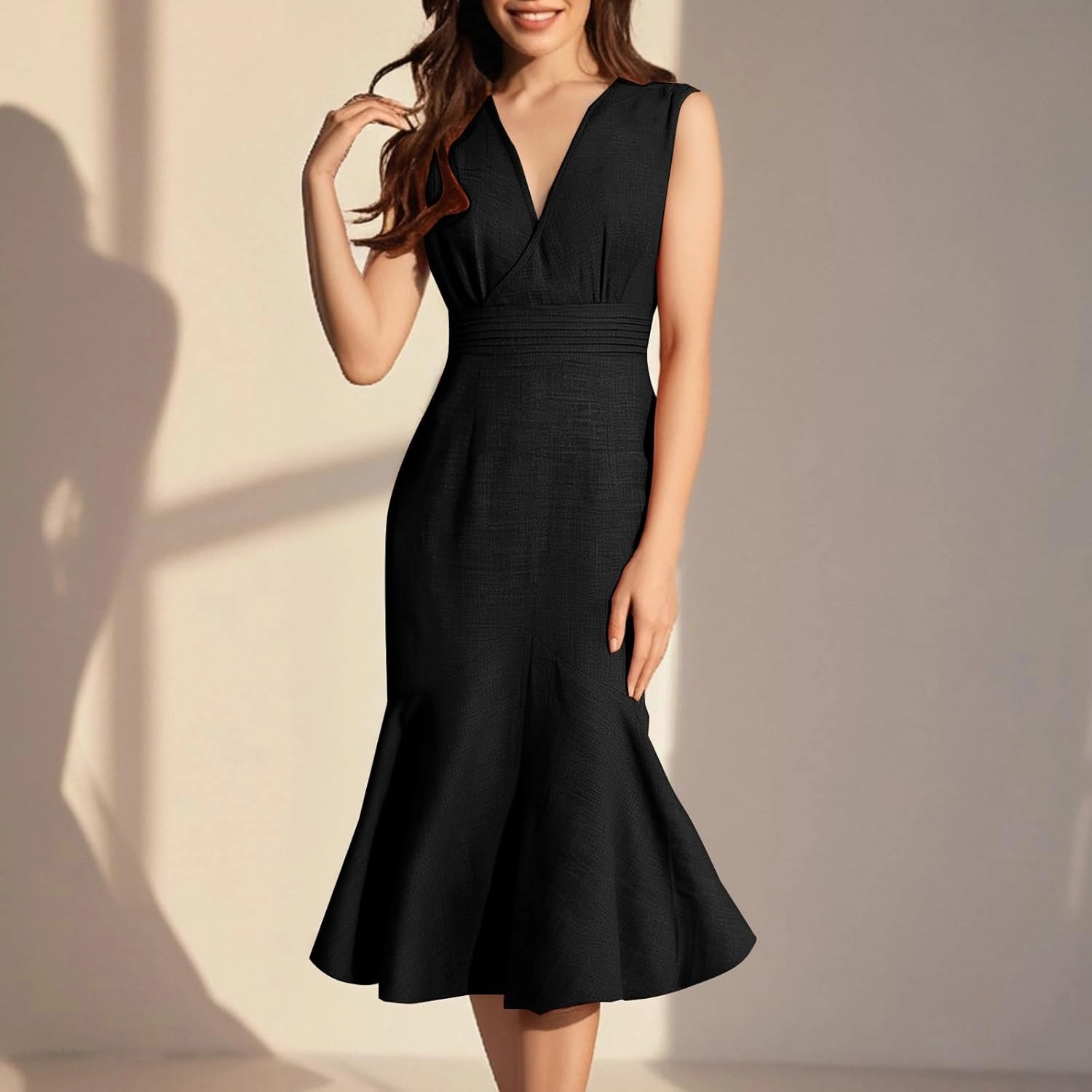Womens Summer Casual Sleeveless Bodycon Dress A-Line High Waist V Neck Mermaid Dresses Dressy Midi Long Sundress
