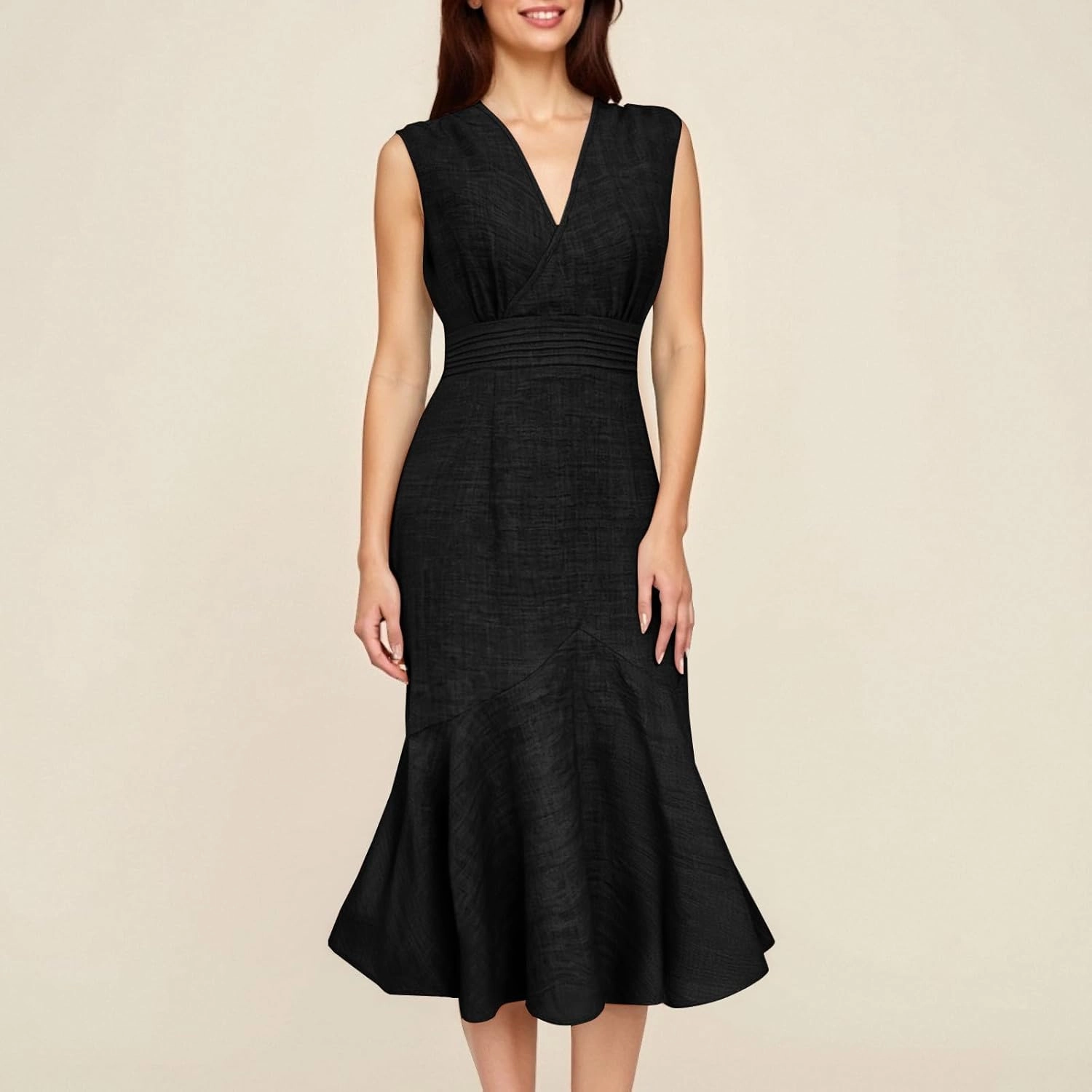 Womens Summer Casual Sleeveless Bodycon Dress A-Line High Waist V Neck Mermaid Dresses Dressy Midi Long Sundress