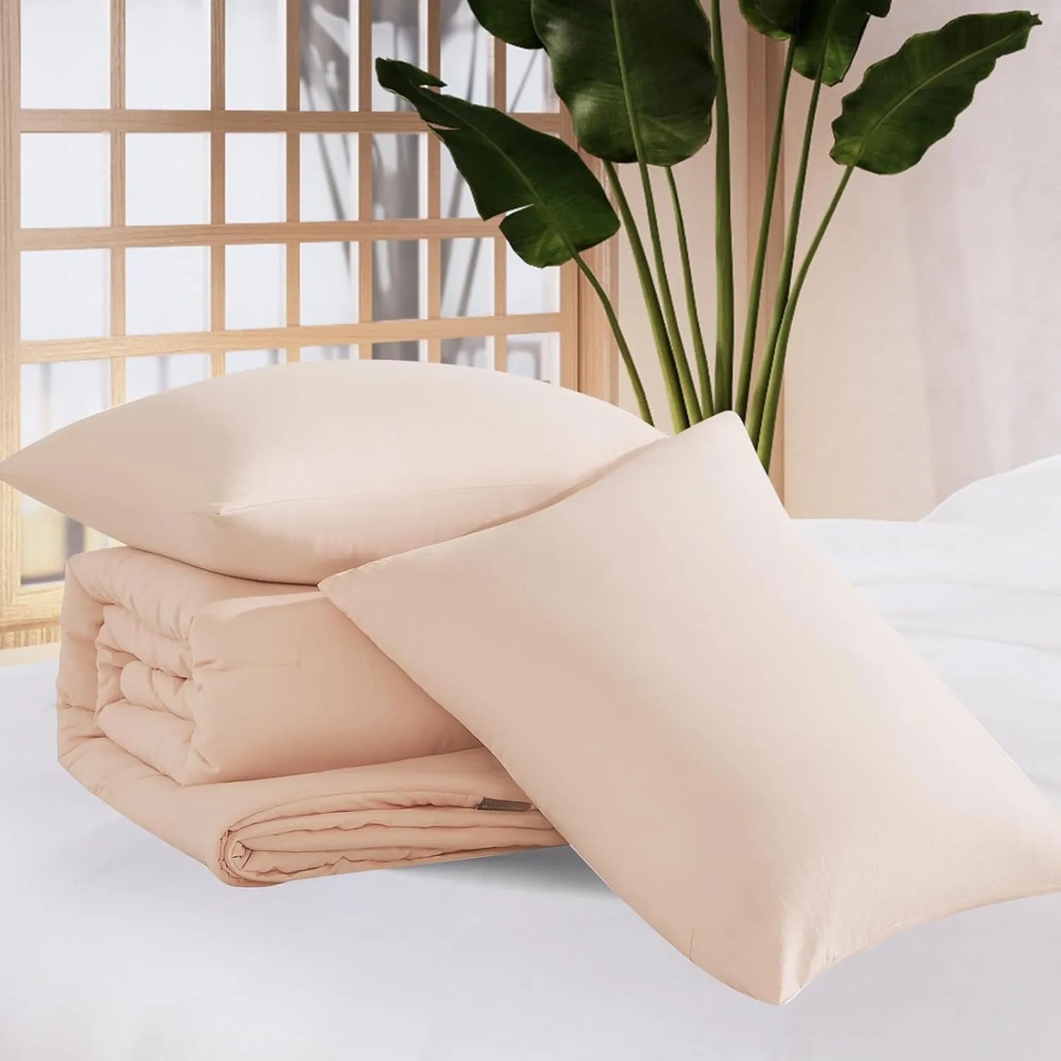 WRENSONGE Queen Comforter Set - 3 Pieces Prewashed Blush Pink Soft Lightweight Bedding for All Seasons, Fluffy Down Alternative Pink Comforter Queen Size with 2 Pillow Shams