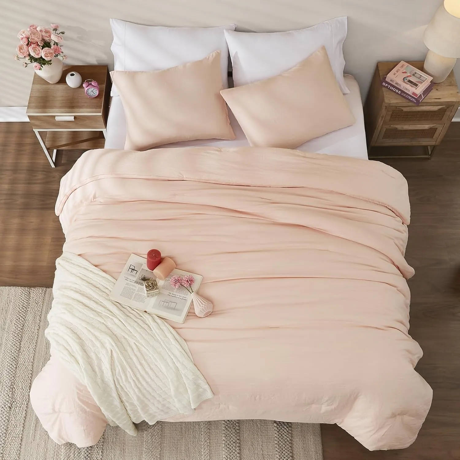 WRENSONGE Queen Comforter Set - 3 Pieces Prewashed Blush Pink Soft Lightweight Bedding for All Seasons, Fluffy Down Alternative Pink Comforter Queen Size with 2 Pillow Shams