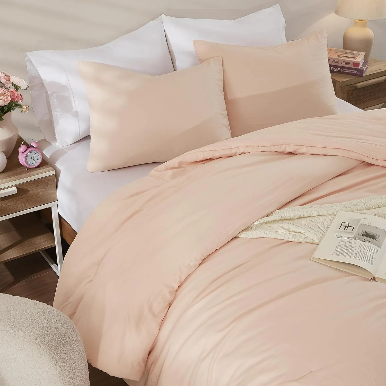 WRENSONGE Queen Comforter Set - 3 Pieces Prewashed Blush Pink Soft Lightweight Bedding for All Seasons, Fluffy Down Alternative Pink Comforter Queen Size with 2 Pillow Shams