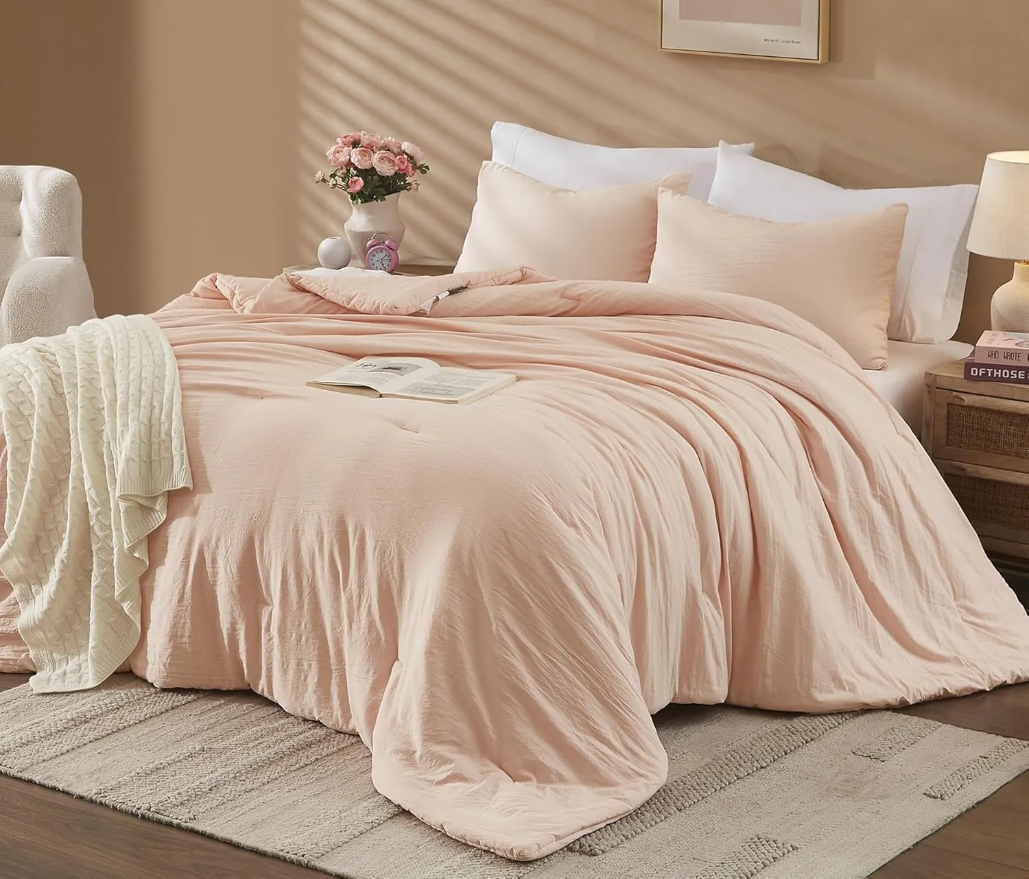 WRENSONGE Queen Comforter Set - 3 Pieces Prewashed Blush Pink Soft Lightweight Bedding for All Seasons, Fluffy Down Alternative Pink Comforter Queen Size with 2 Pillow Shams