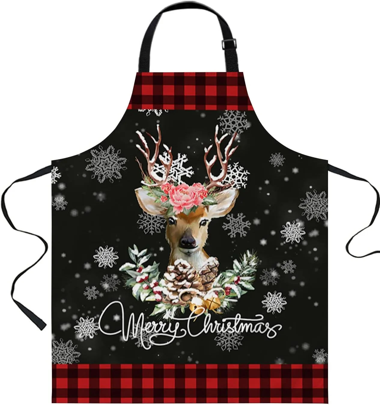 Xmas Elk Waterproof Apron With Pockets,Winter Christmas Snowflake Snowy Poinsettia Pine Black Kitchen Chefs Bib Cooking BBQ Grill Bake Adjustable Aprons for Women/Kids Home Garden Grooming Painting