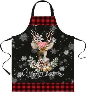 Xmas Elk Waterproof Apron With Pockets,Winter Christmas Snowflake Snowy Poinsettia Pine Black Kitchen Chefs Bib Cooking BBQ Grill Bake Adjustable Aprons for Women/Kids Home Garden Grooming Painting
