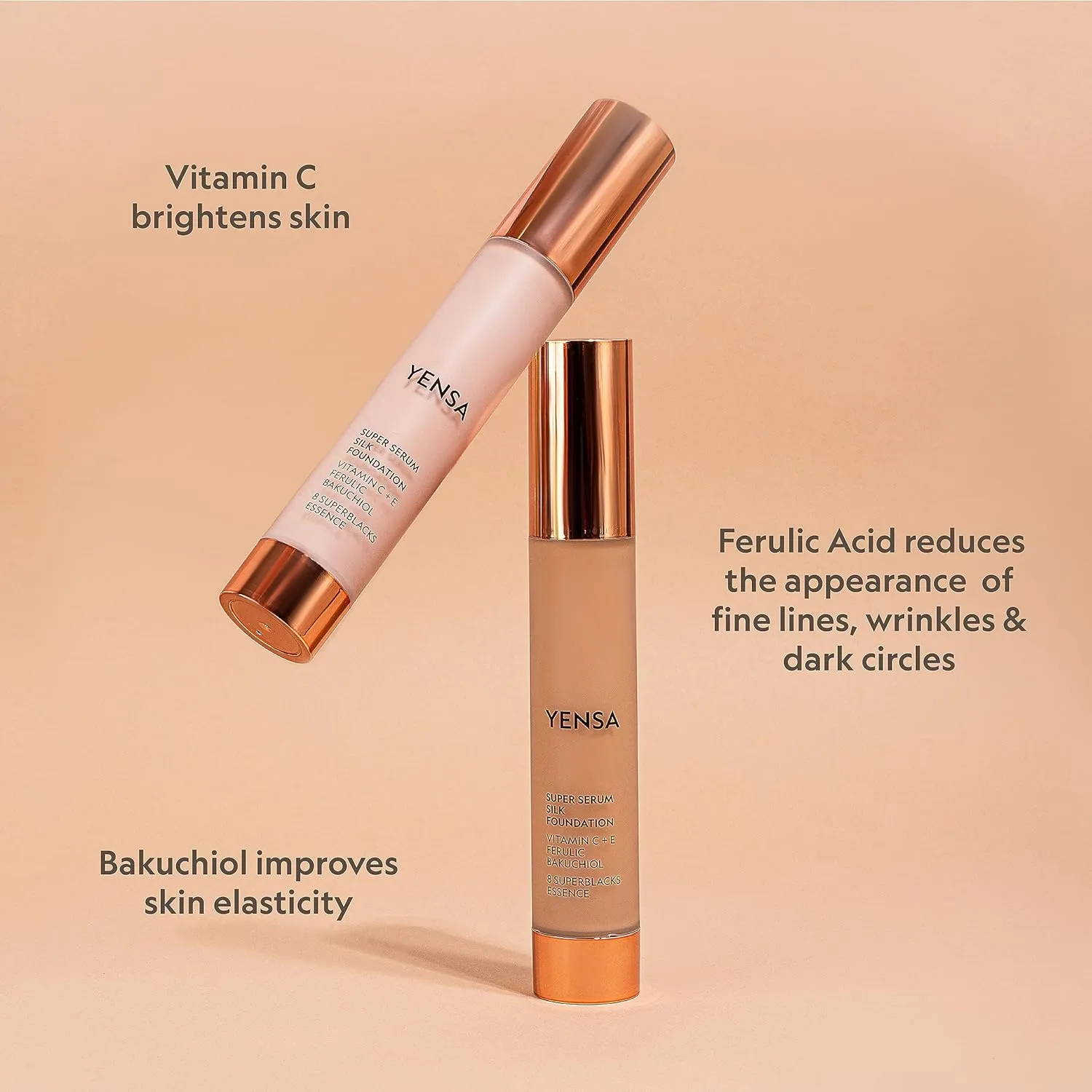 YENSA Serum Foundation Makeup - Super Silk Full Coverage Foundation Enriched with Peptides, Vitamin C & Ferulic Acid to Help Reduce Fine Lines, Wrinkles & Dark Circles - Light 2 (1 oz)